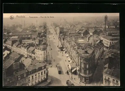 AK Roubaix, Panorama, Rue de la Gare, Strassenbahn