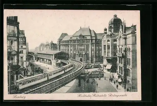AK Hamburg, Hochbahn-Haltestelle Rödingsmarkt und Strassenbahn