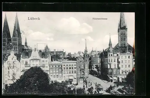 AK Lübeck, Holstenstrasse mit Strassenbahn