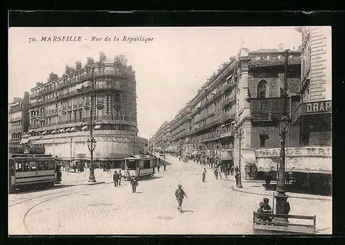 AK Marseille, Rue de la Republique, Strassenbahn