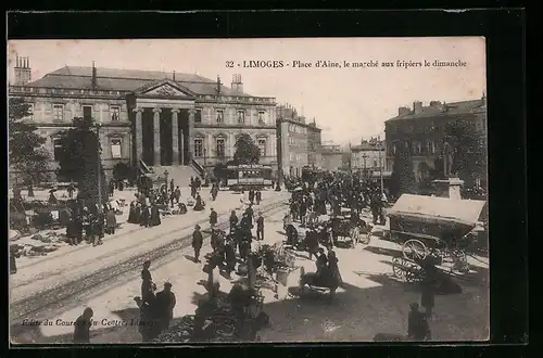 AK Limoges, Place d'Aine, le marche aux fripiers le dimanche, Strassenbahn