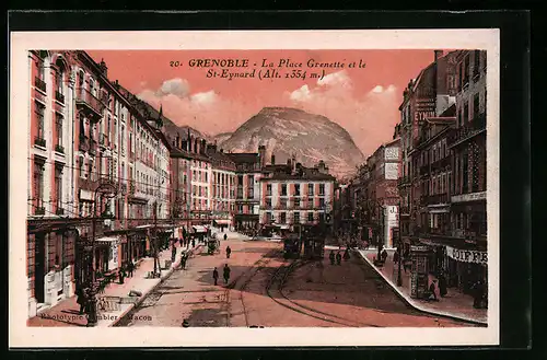 AK Grenoble, La Place Grenette et le St-Eynard, Strassenbahn