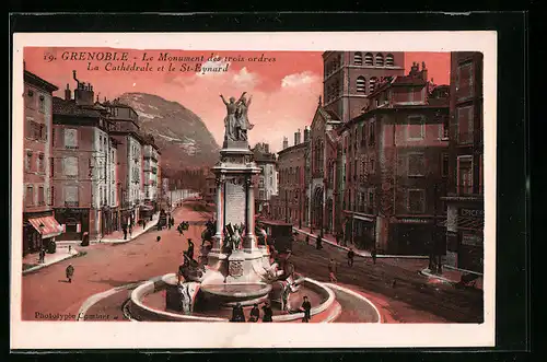 AK Grenoble, Le Monument des trois ordres, La Cathedrale et le St-Eynard, Strassenbahn