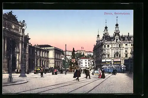 AK Zürich, Bahnhofplatz mit Strassenbahn