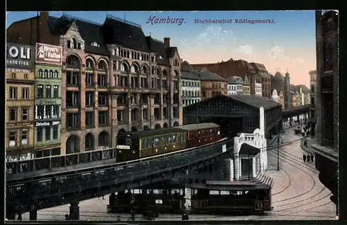 AK Hamburg, Hochbahnhof Rödingsmarkt mit Strassenbahn