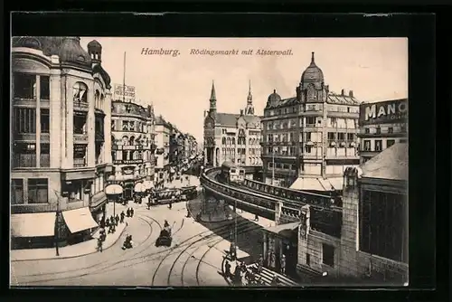 AK Hamburg, Rödingsmarkt mit Alsterwall und Strassenbahn