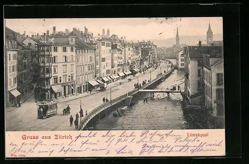 AK Zürich, Limatquai mit Strassenbahn