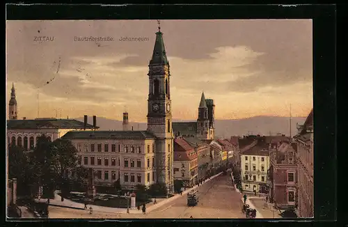 AK Zittau, Strassenbahn an der Bautznerstrasse und Johanneum