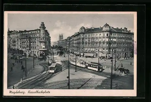 AK Magdeburg, Strassenbahnen auf dem Hasselbachplatz