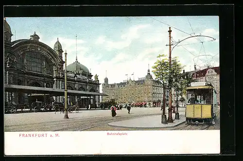 AK Frankfurt a. M., Gelbe Strassenbahn am Bahnhofsplatz