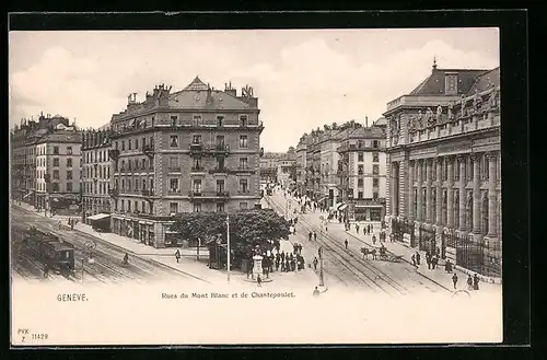 AK Geneve, Rues du Mont Blanc et de Chantepoulet, Strassenbahn