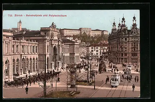 AK Zürich, Strassenbahnen auf dem Bahnhofplatz