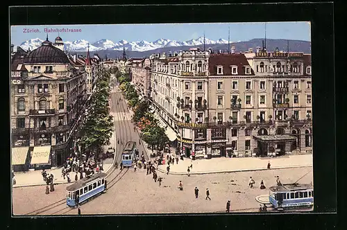 AK Zürich, Bahnhofstrasse aus der Vogelschau, Strassenbahnen