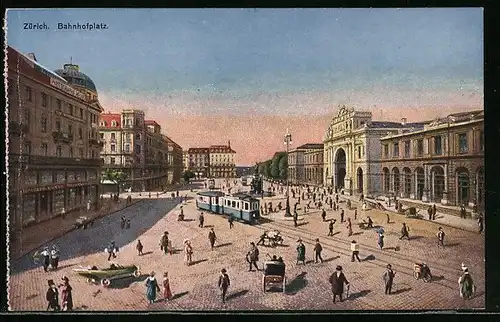 AK Zürich, Strassenbahn auf dem Bahnhofplatz