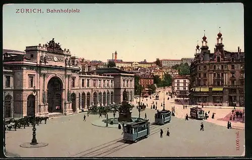 AK Zürich, Bahnhofplatz mit Strassenbahn