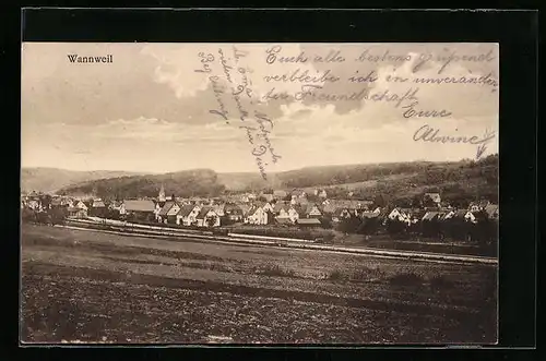 AK Wannweil, Blick zum Ort mit Eisenbahngleisen