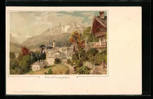 Lithographie Berchtesgaden, Blick in den Ort