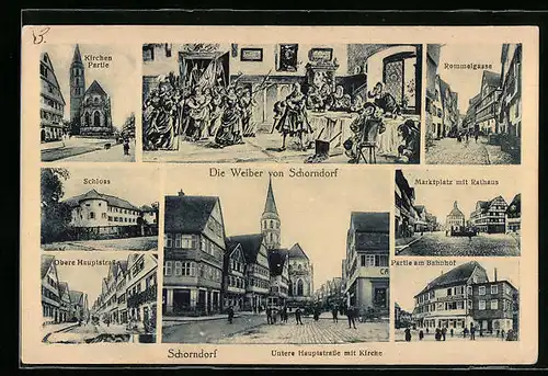 AK Schorndorf, Rommelgasse, Partie am Bahnhof, Obere und Untere Hauptstrasse, Schloss, Marktplatz