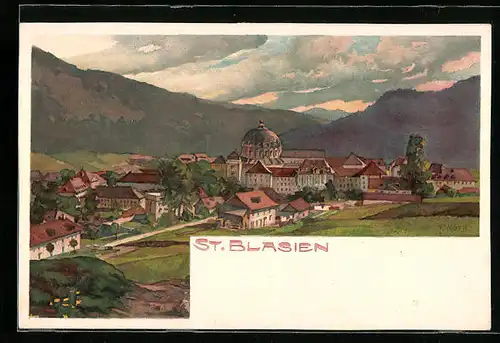 Künstler-AK St. Blasien, Teilansicht mit Bergen