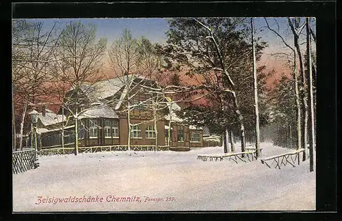 AK Chemnitz, Gasthaus Zeisigwaldschänke im Schnee