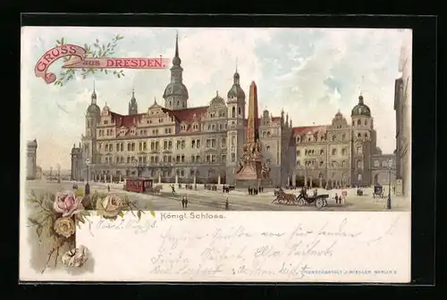 Lithographie Dresden, Königliches Schloss mit Denkmal und Pferdebahn