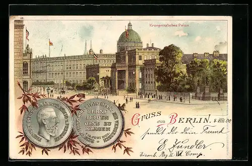 Lithographie Berlin, Kronprinzliches Palais, Portrait Kaiser Friedrich von Preussen
