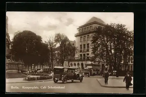 AK Berlin-Tiergarten, Kemperplatz mit dem Cafe Schottenhaml, Autobus