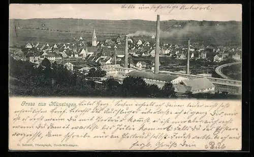 AK Münsingen, Blick auf den Ort mit Fabrik