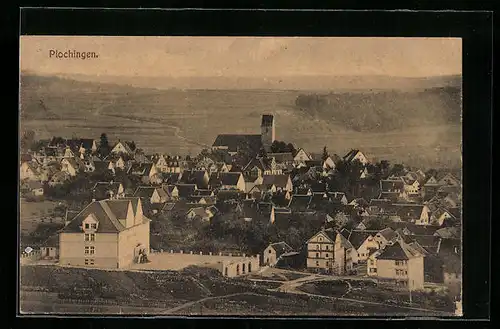 AK Plochingen, Blick auf den Ort mit Kirche