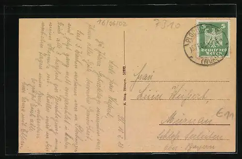 AK Plochingen, Blick auf den Ort mit Kirche