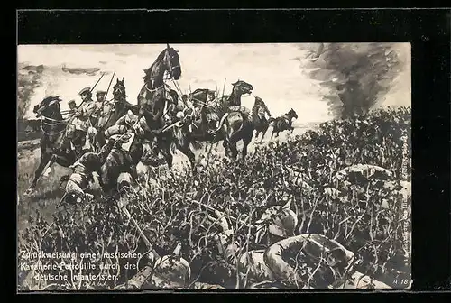Künstler-AK Zurückweisung eines russischen Kavallerie-Patrouille durch drei deutsche Infanteristen