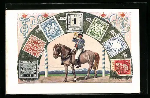 Künstler-AK Bayrische Briefmarken & Postillon, rückseitig König Ludwig III., Ganzsache Bayern 5 Pf.