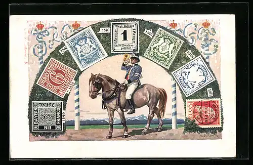 Künstler-AK Bayer. Briefmarken, Postbeamter bläst ins Horn, König Ludwig III., Ganzsache Bayern 10 Pf.