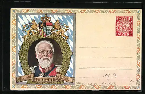 Künstler-AK Bayer. Briefmarken, Postbeamter bläst ins Horn, König Ludwig III., Ganzsache Bayern 10 Pf.