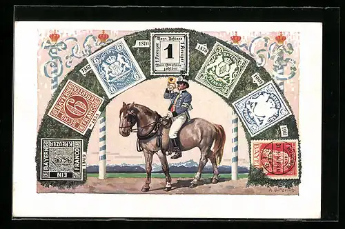 Künstler-AK Bayer. Briefmarken, Postbeamter bläst ins Horn, König Ludwig III., Ganzsache Bayern 5 Pf.