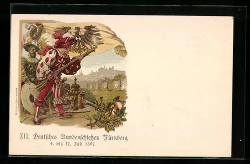 Lithographie Nürnberg, XII. Deutsches Bundesschiessen 1897, Schütze mit Muskete, Ganzsache 5 Pf.