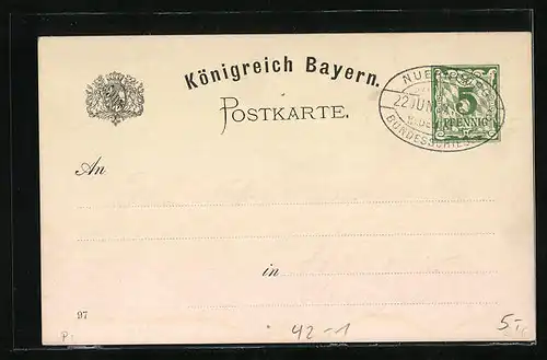 Lithographie Nürnberg, XII. Deutsches Bundesschiessen 1897, Schütze mit Muskete, Ganzsache 5 Pf.