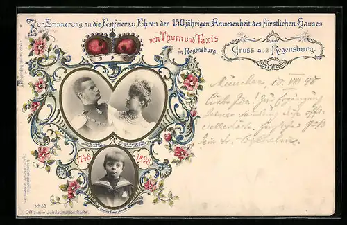 AK Regensburg, 150-jährige Anwesenheit des Hauses von Thurn & Taxis in der Stadt, Ganzsache Bayern 5 Pf.