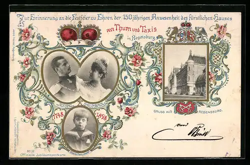 AK Regensburg, 150-jährige Anwesenheit des Hauses von Thurn & Taxis in der Stadt, Ganzsache Bayern 5 Pf.