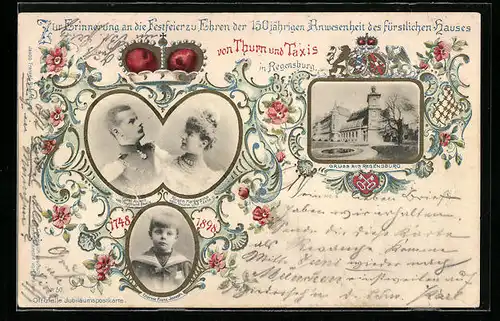 AK Fürst Albert, Fürstin Margaret und Erbprinz Franz Josepf von Thurn & Taxis, Ganzsache Bayern 5 Pf.