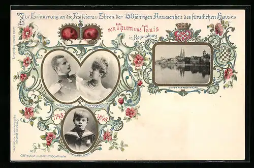 AK Regensburg, Jubiläumskarte Fürst Albert & Margaretha von Thurn & Taxis mit Erbprinz Franz Josef