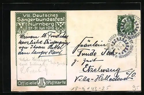 Künstler-AK Nürnberg, Achtes Deutsches Sängerbundesfest, 27.-31. Juli 1912, Ganzsache Bayern 5 Pf.