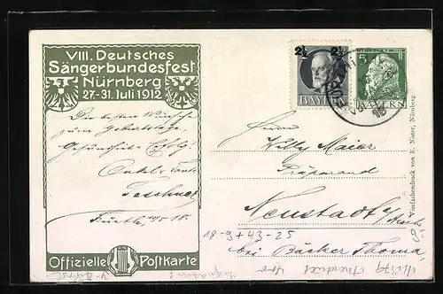 Künstler-AK Nürnberg, Achtes Deutsches Sängerbundesfest 1912, Ganzsache Bayern 5 Pf.
