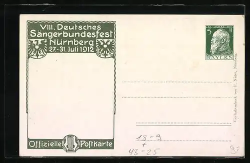 Künstler-AK Nürnberg, VIII. Deutsches Sängerbundesfest 27.-31. Juli 1912, Frau mit Harfe, Ganzsache Bayern 5 Pf.