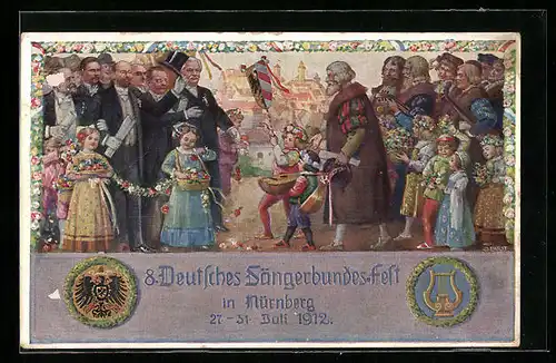 Künstler-AK Nürnberg, 8. Deutsches Sängerbundesfest 1912, Gegenwart und Vergangenheit, Ganzsache Bayern