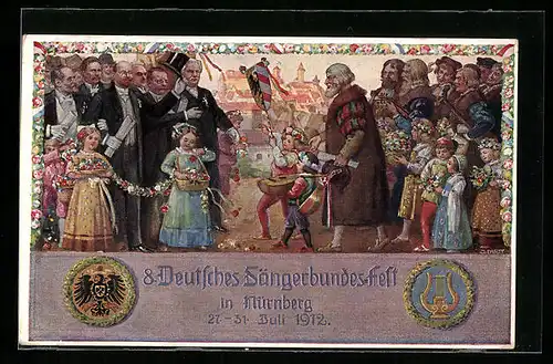 Künstler-AK Nürnberg, 8. Deutsches Sängerbundesfest 1912, Gegenwart und Vergangenheit, Ganzsache Bayern 5 Pf.