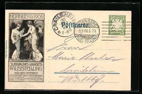 Künstler-AK Nürnberg, Jubiläums-Landes-Ausstellung 1906, Zwei Frauen, Ganzsache Bayern