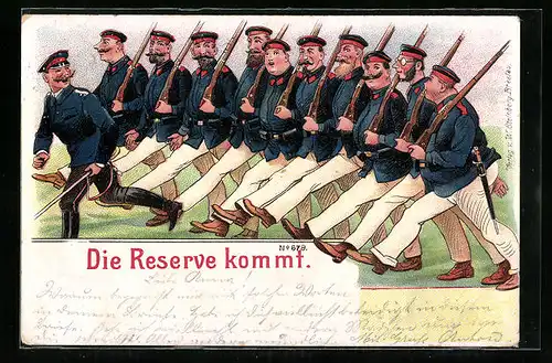 Lithographie Die Reserve kommt in Uniform mit Karabinern