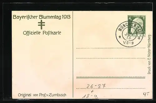 Künstler-AK Ludwig von Zumbusch: Kind mit roter Mütze und grosser Blume, Bayerischer Blumentag 1913, Ganzsache Bayern