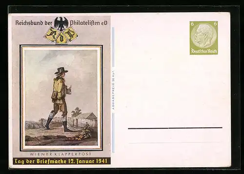 AK Tag der Briefmarke 1941, Reichsbund der Philatelisten e.V., Wiener Klapperpost, Ganzsache
